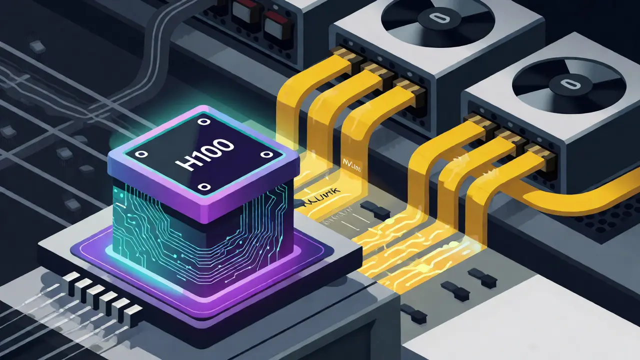 Isometric view of GPU chips connected by fast NVLink beams versus slow Ethernet.