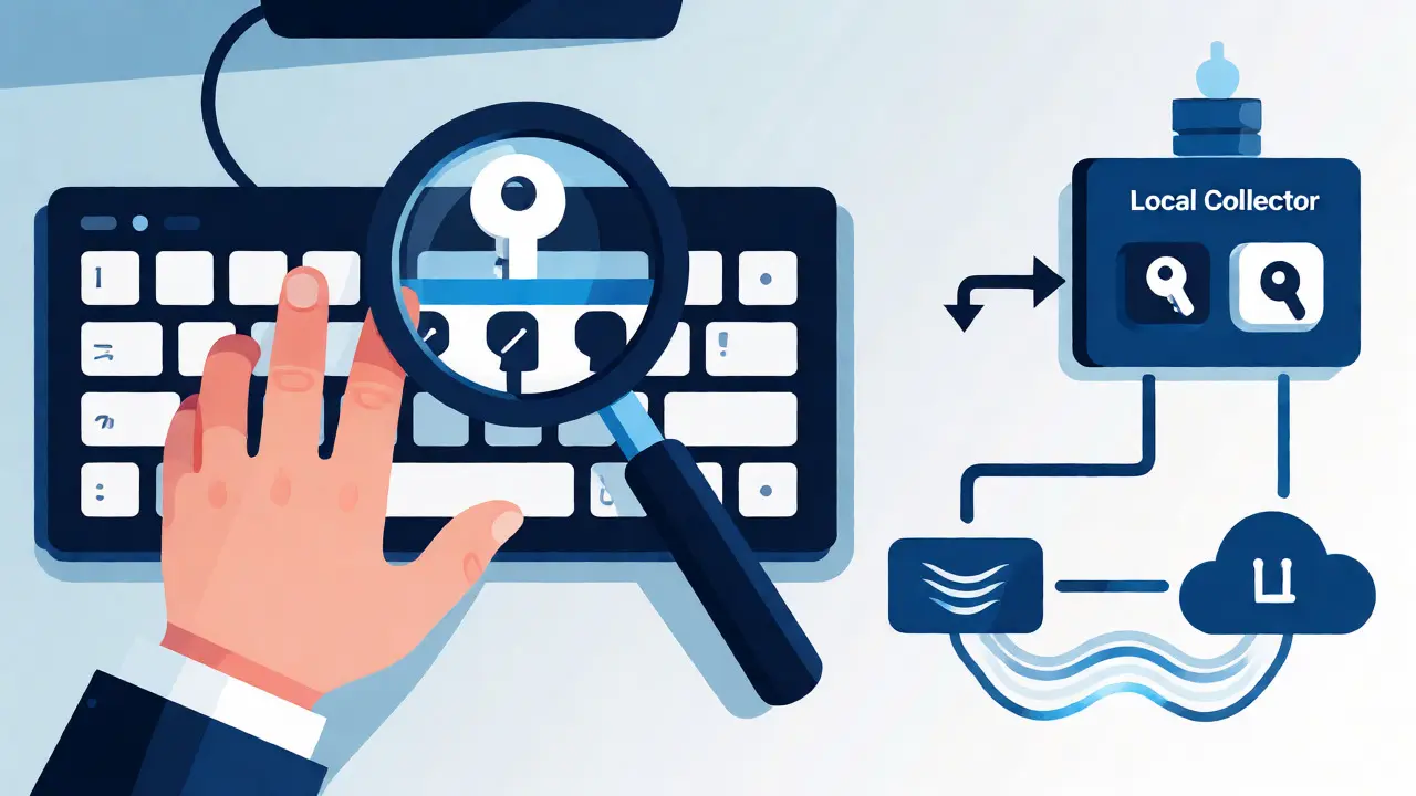 Magnifying glass blocking secrets before data leaves local machine