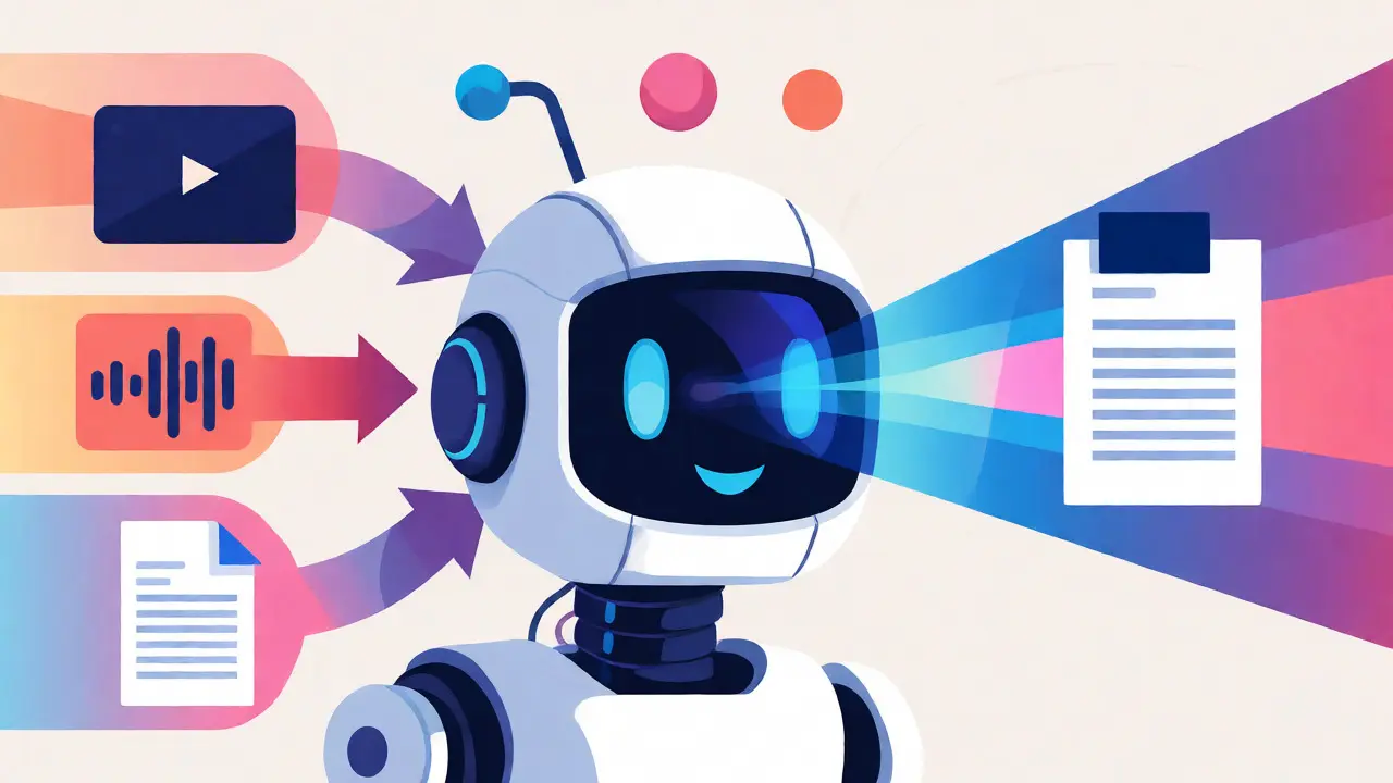 Multimodal AI robot merging video, audio, and text inputs into one coherent output.