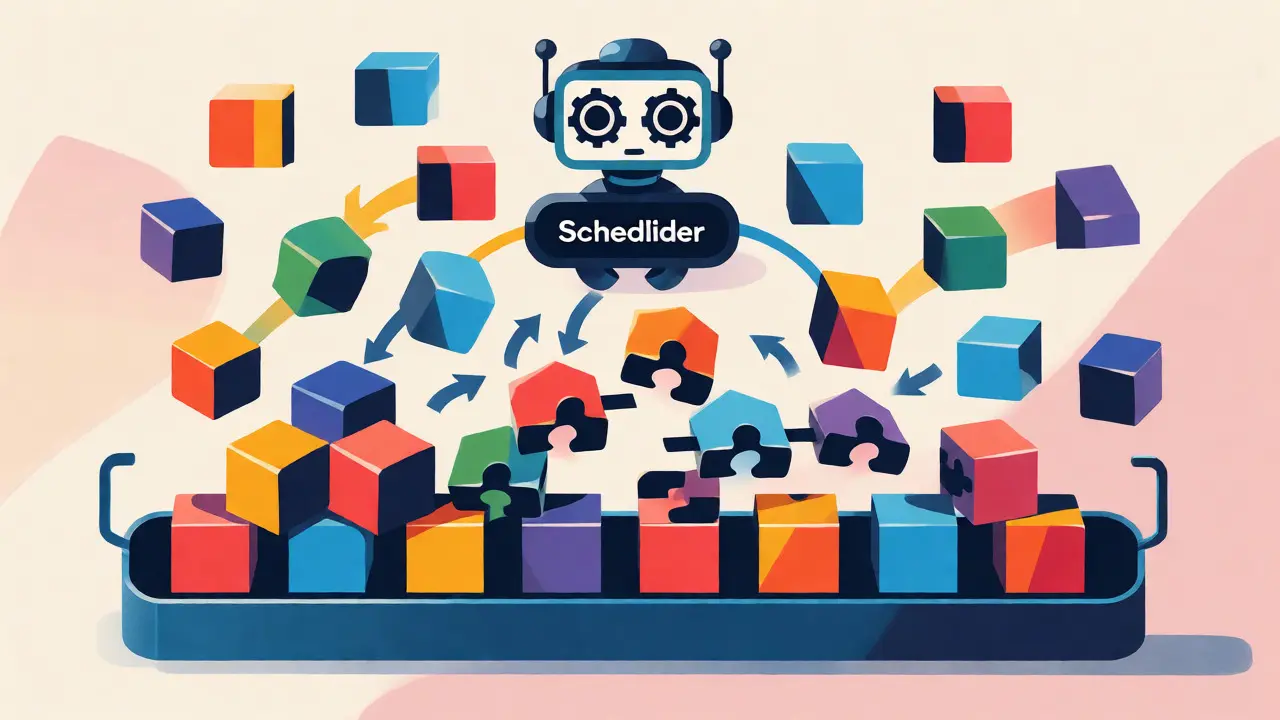 Robot scheduler organizing data blocks using flexible paged memory techniques.