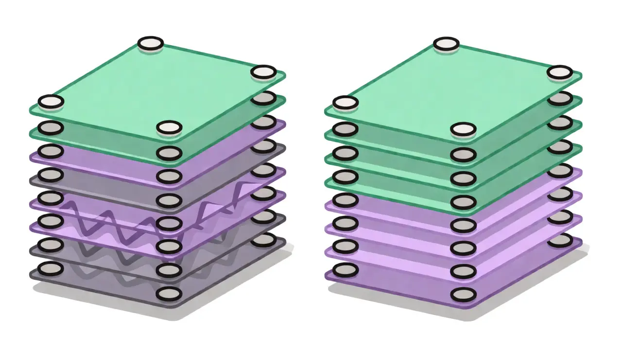 Side-by-side comparison of unstable Post-LN versus stable Pre-LN transformer architectures.