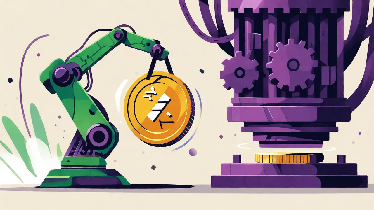 Small efficient robot lifting coins easily versus a large complex machine struggling with one.