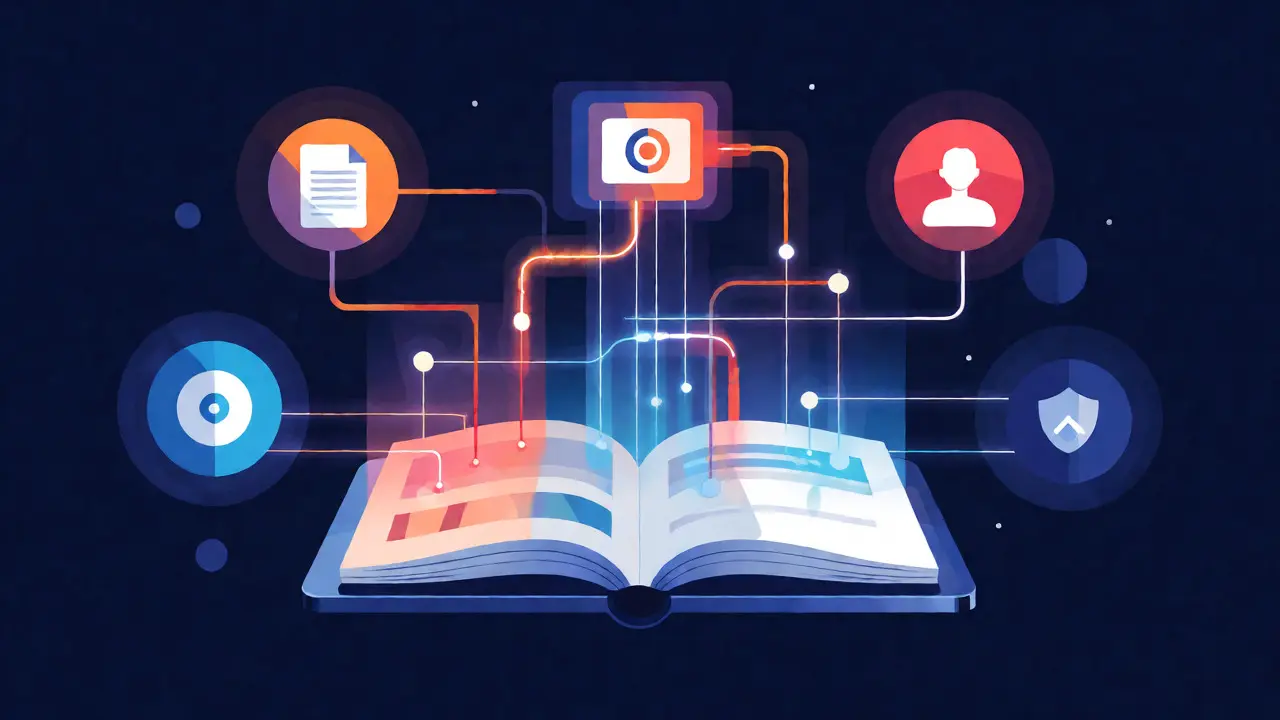Structured context feeding into an AI core via connected data icons.