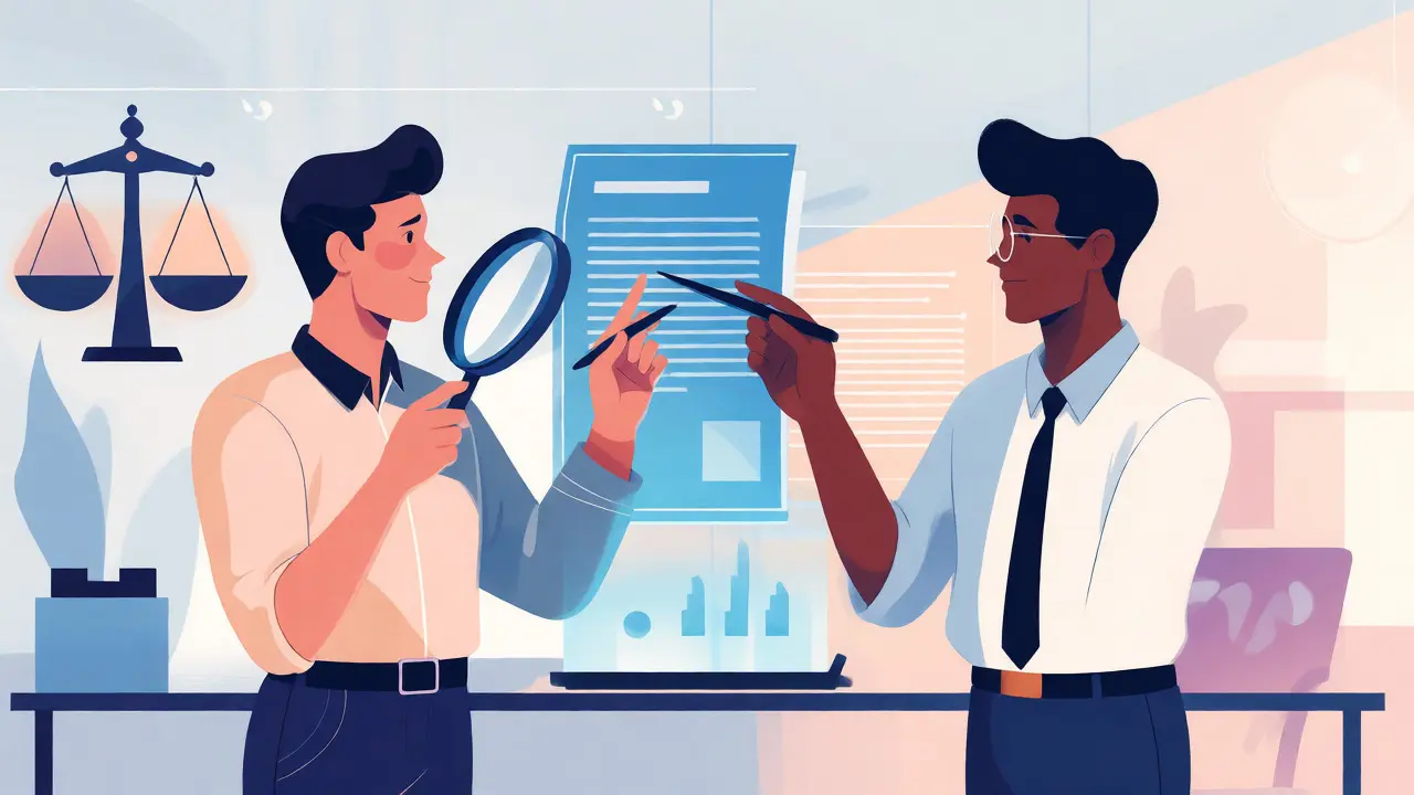 Two professionals calibrating their review standards