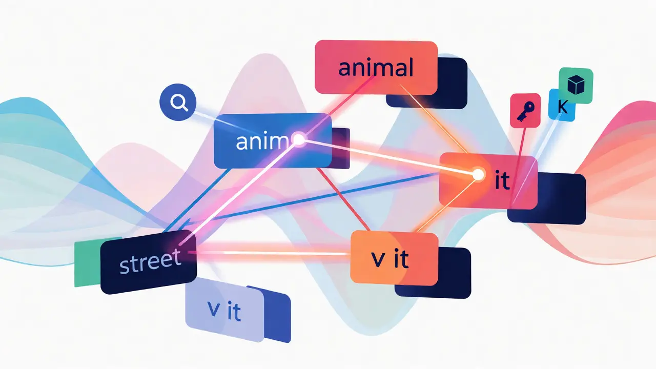 Visual diagram of self-attention connecting related words across a sentence