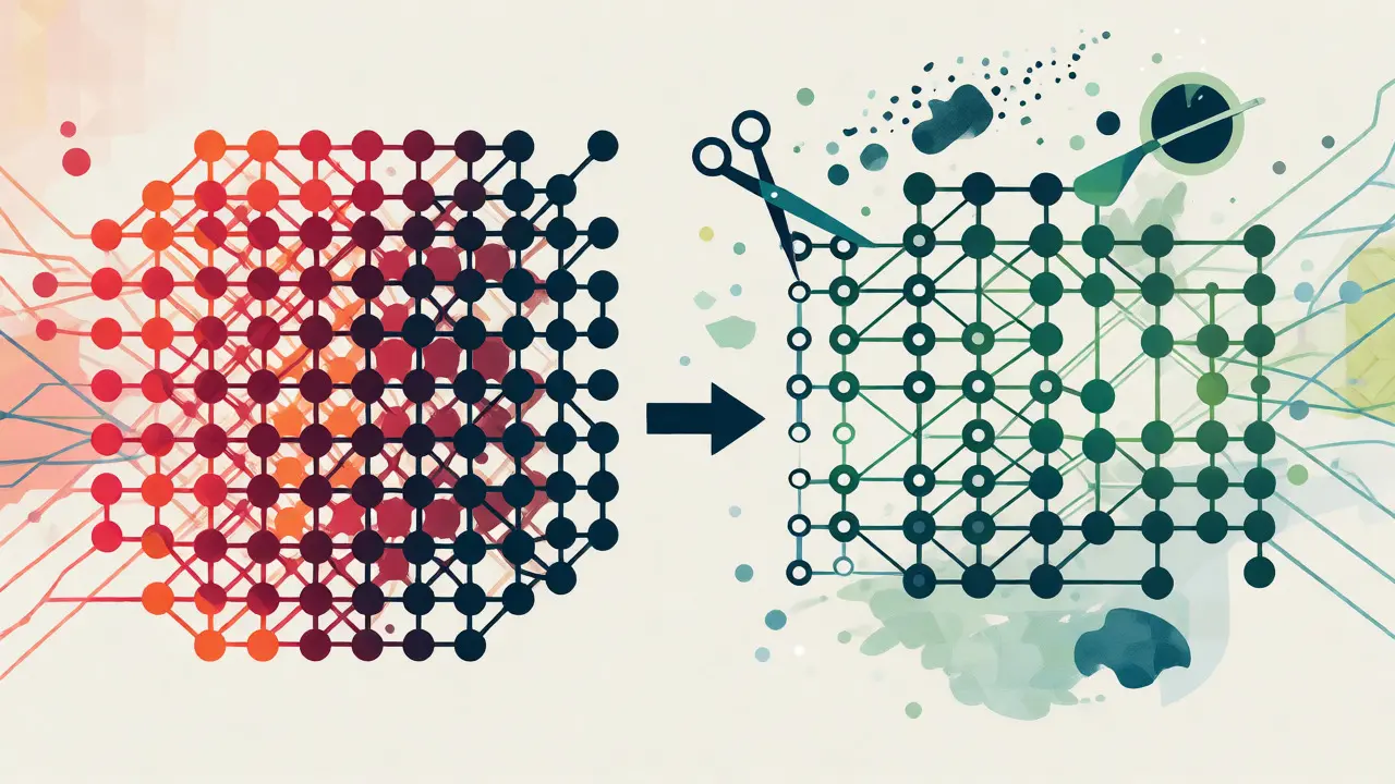 A dense neural network grid transforming into a sparse, efficient structure with fewer connections.
