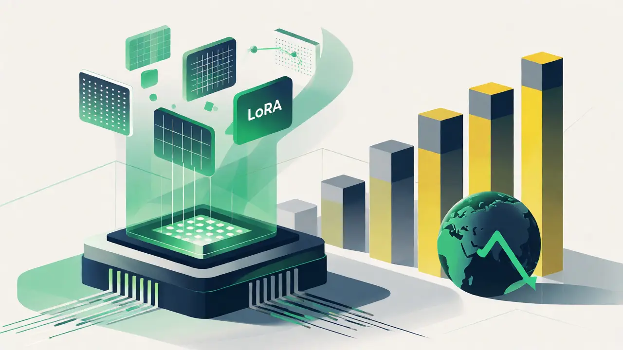 A futuristic GPU chip projecting simplified matrix shapes alongside an upward efficiency trend graph.