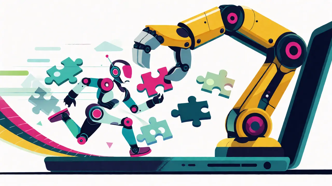 A small robot catching puzzle pieces from a giant robotic arm inside a device frame in flat art.
