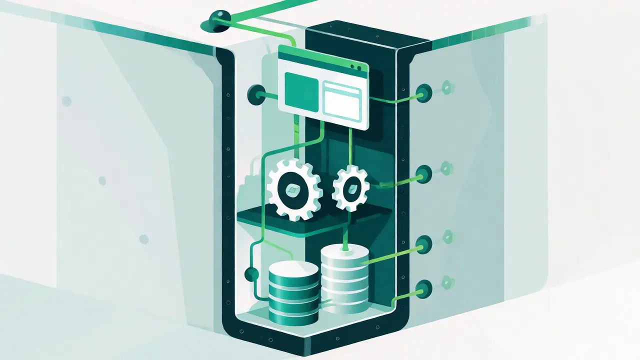 A vertical slice of code showing integrated database, backend, and frontend in one column.