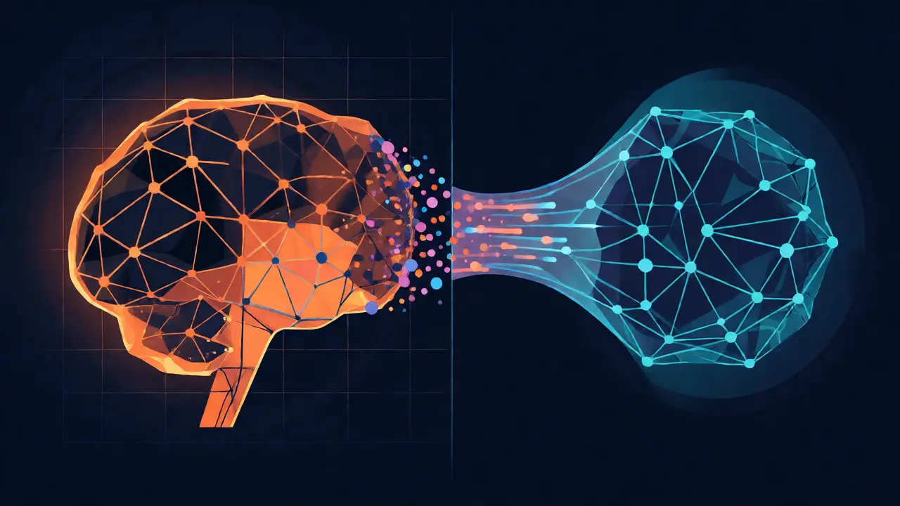 Abstract visual of a large neural network transferring organized data to a smaller one through a funnel.