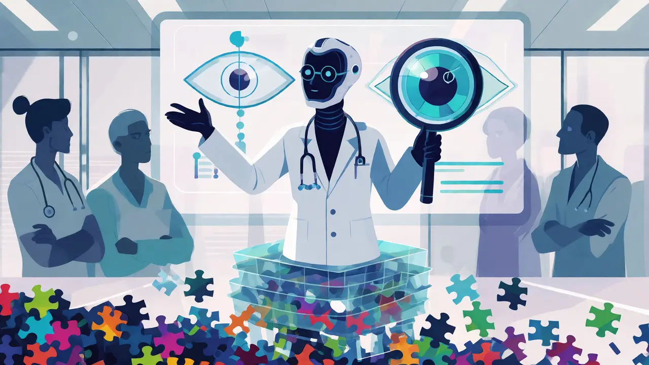 AI doctor standing on unstable data foundations while examining an eye chart.