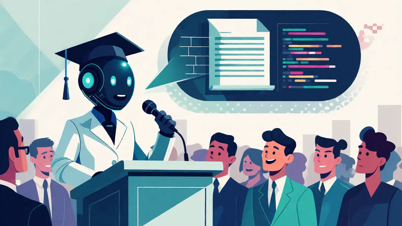AI graduate confidently presenting fluent outputs like code and legal documents to a crowd.