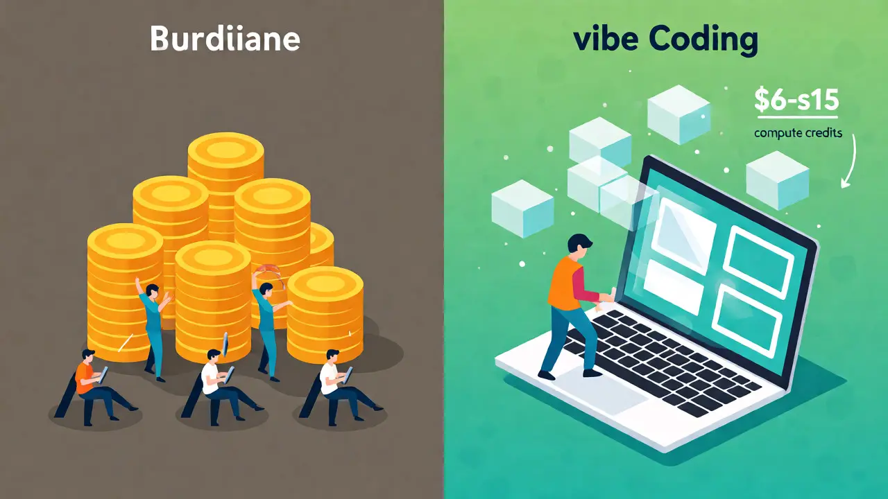 Comparison of expensive traditional dev vs efficient AI vibe coding.