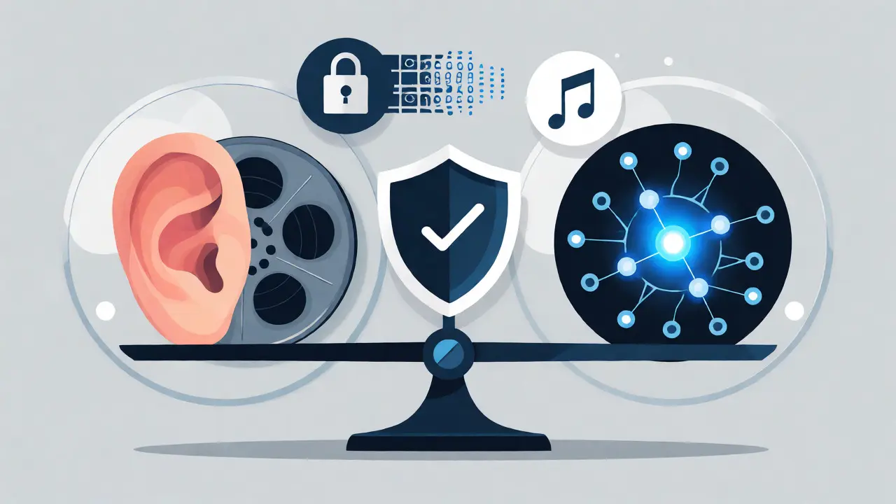 Conceptual flat art balancing traditional audio recording with AI generation ethics