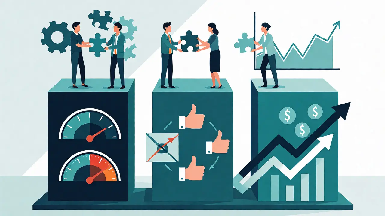 Conceptual illustration of three metric pillars bridging engineering and business teams.