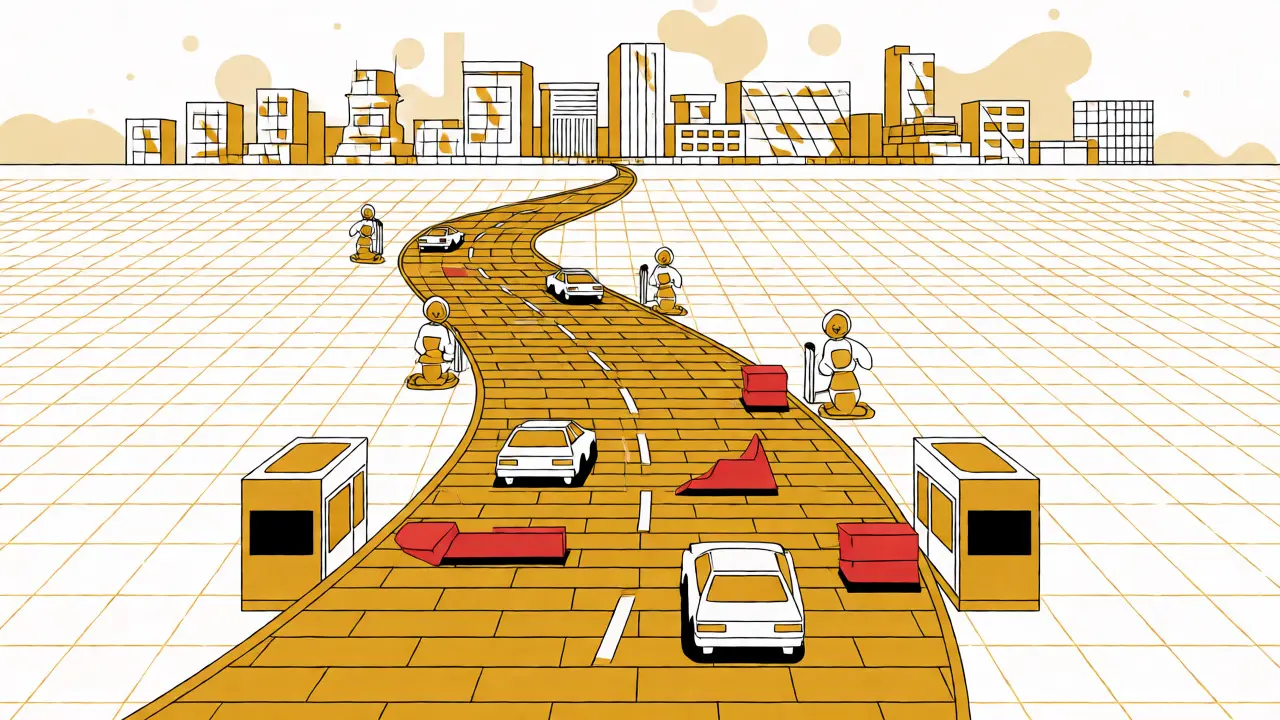 Conceptual image of golden paths guiding code safely to production.