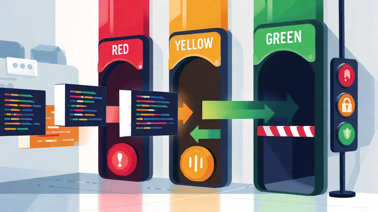 Conceptual traffic light system gating code deployment with red, yellow, and green zones.