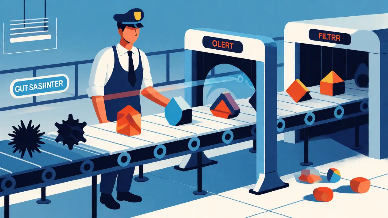 Data packets passing through multiple security scanning gates on a conveyor belt.