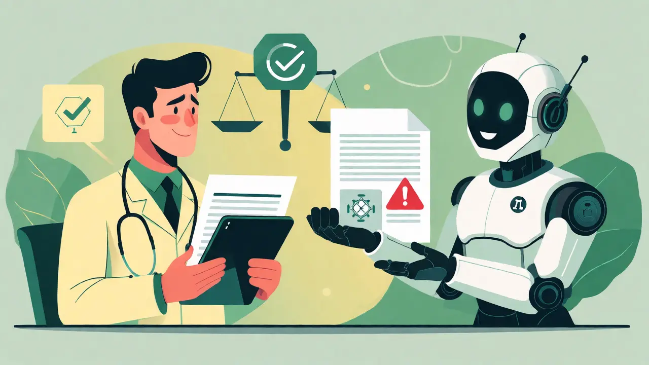 Doctor reviewing AI-generated drafts with cautionary indicators.
