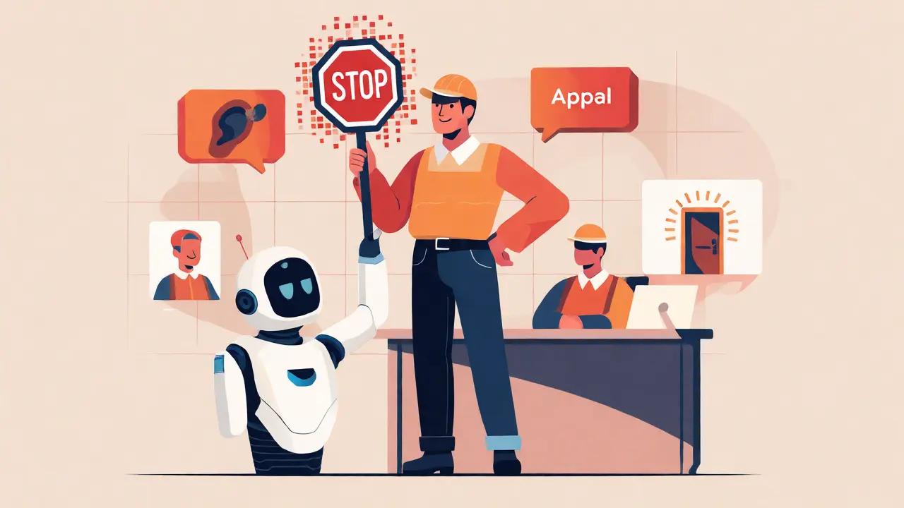 Employee asserting rights against an AI assistant with symbolic icons for appeal and opt-out.