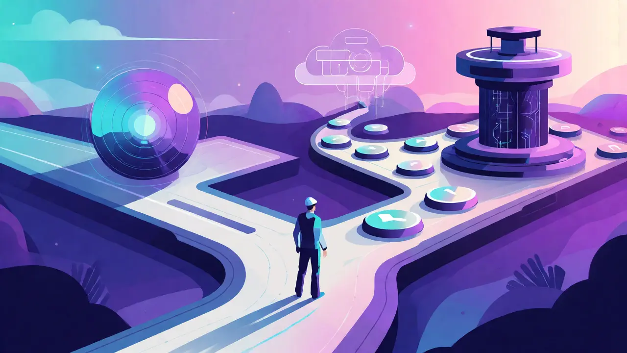 Engineer choosing between autonomous AI paths and guided example-based workflows in a futuristic setting.