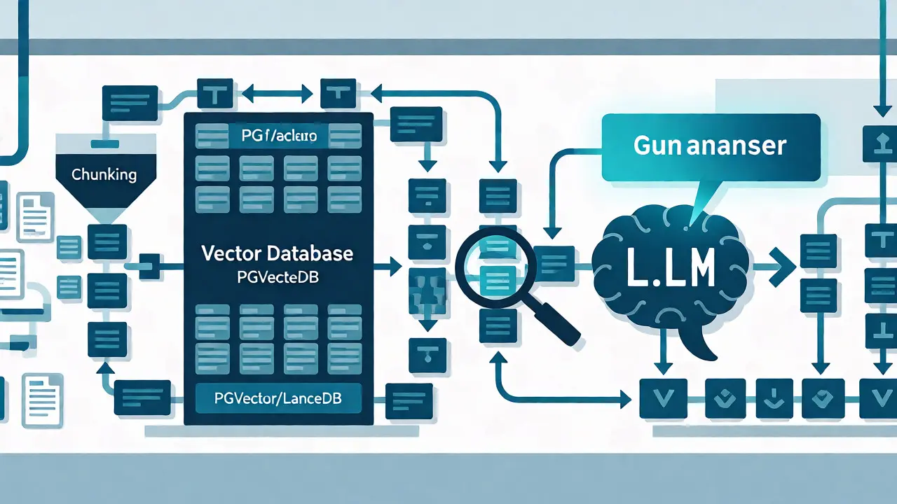 Flat illustration of a streamlined RAG pipeline with vector database and re-ranking.