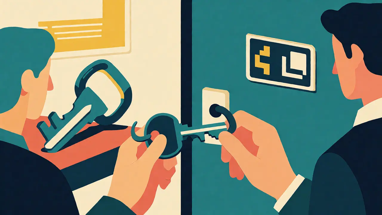 Hands using a precise key to unlock a specialized door while a large keyring sits idle nearby.