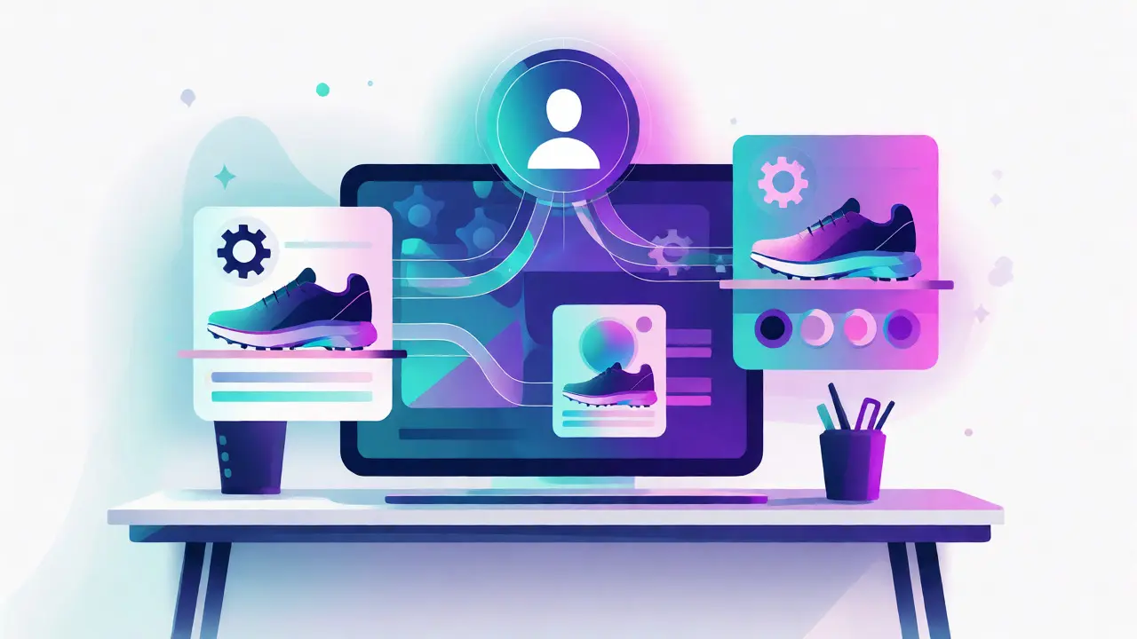 Holographic interface showing personalized product recommendations based on customer data profiles.