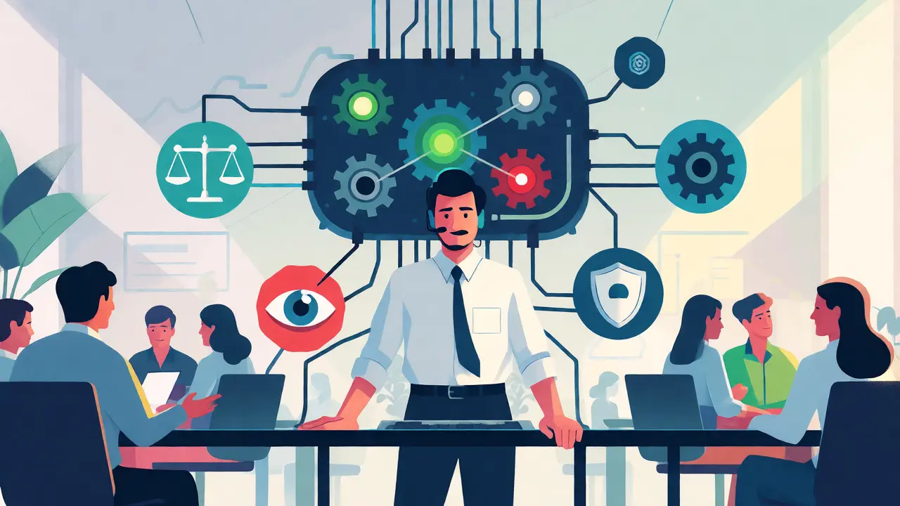Human developer managing an AI system with governance icons for fairness and transparency.