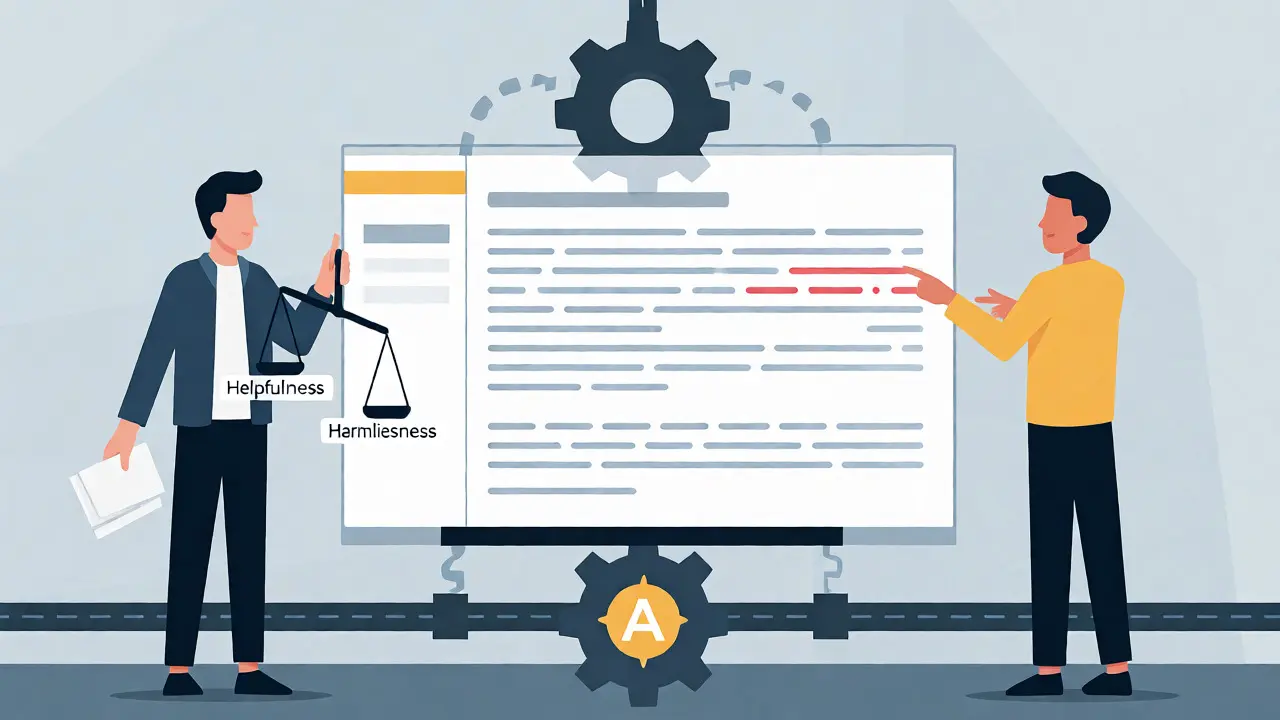 Human reviewers analyzing AI text responses alongside automated metrics