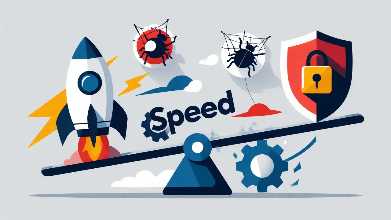 Illustration balancing speed and safety using a scale metaphor with tech icons.