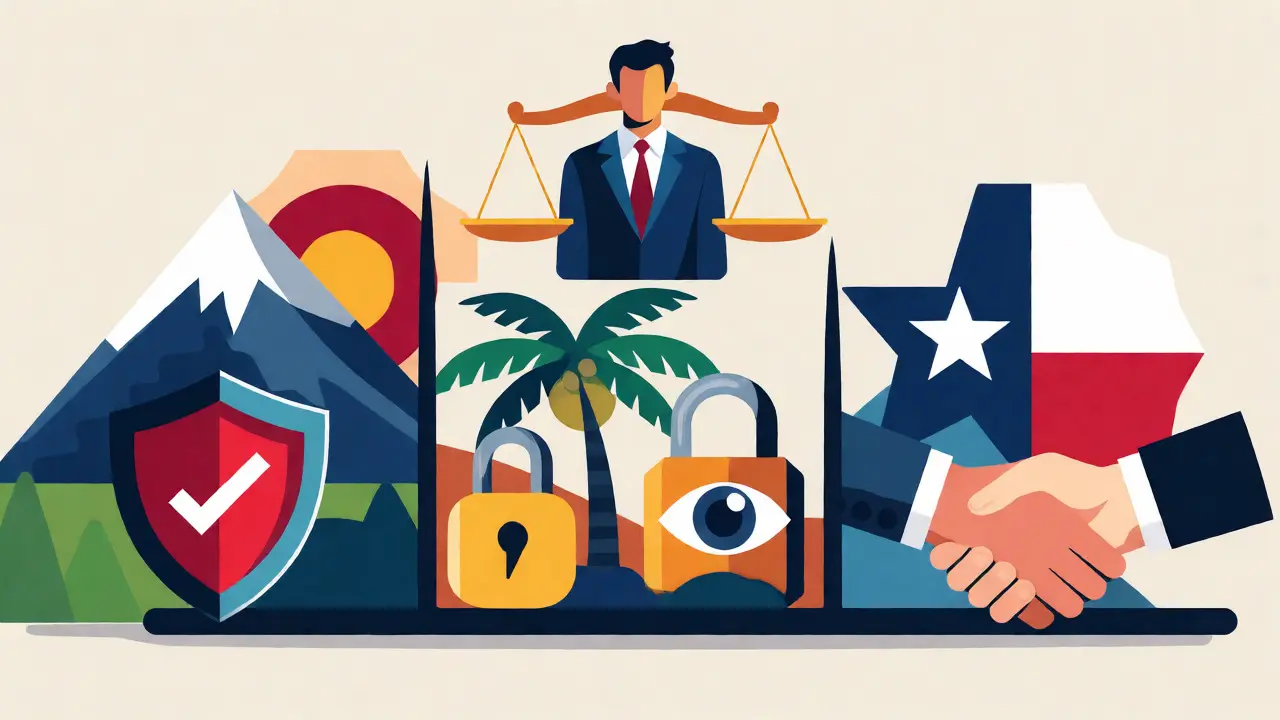 Illustration comparing AI employment laws across US states with symbolic icons.