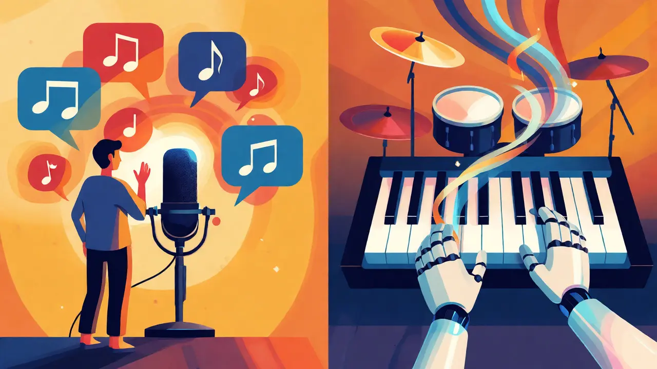 Illustration of voice synthesis and AI music generation with colorful visual flows