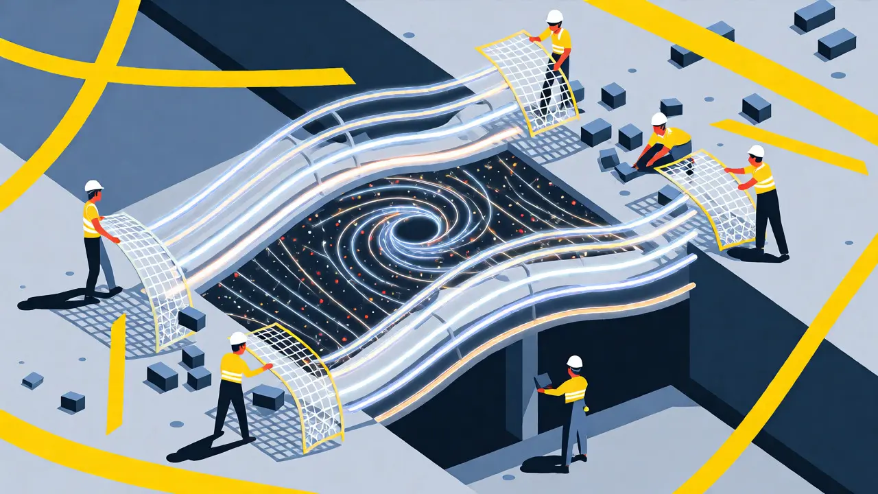 Isometric flat art showing an AI MVP being built with protective guardrails.
