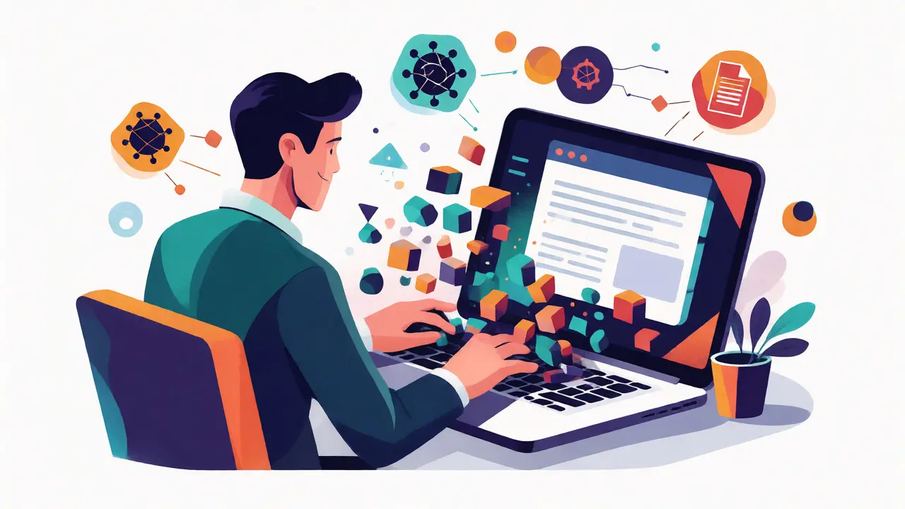 Professional creating an app via AI prompts with flowing graphics.
