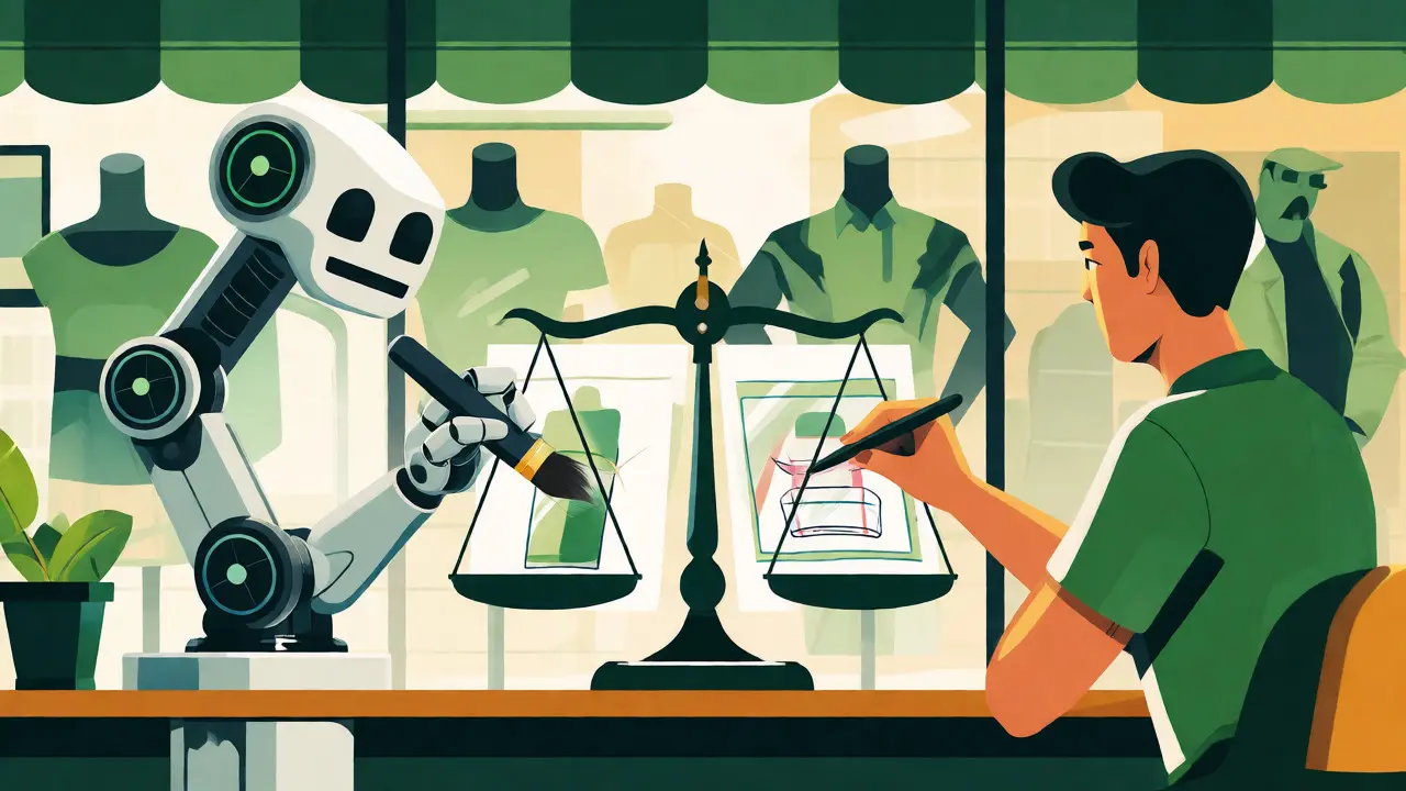 Robot and human collaborating on product visuals, symbolizing the human-in-the-loop AI workflow.
