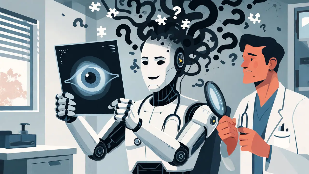 Robot doctor diagnosing an eye exam while a human expert spots underlying inconsistencies.