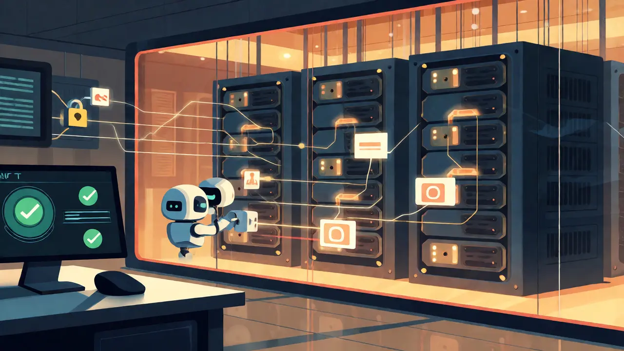 Secure server room with a glass firewall separating users from LLM infrastructure.