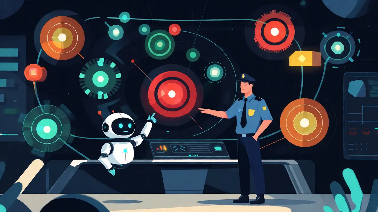 Security officer and AI assistant monitoring a futuristic data dashboard.