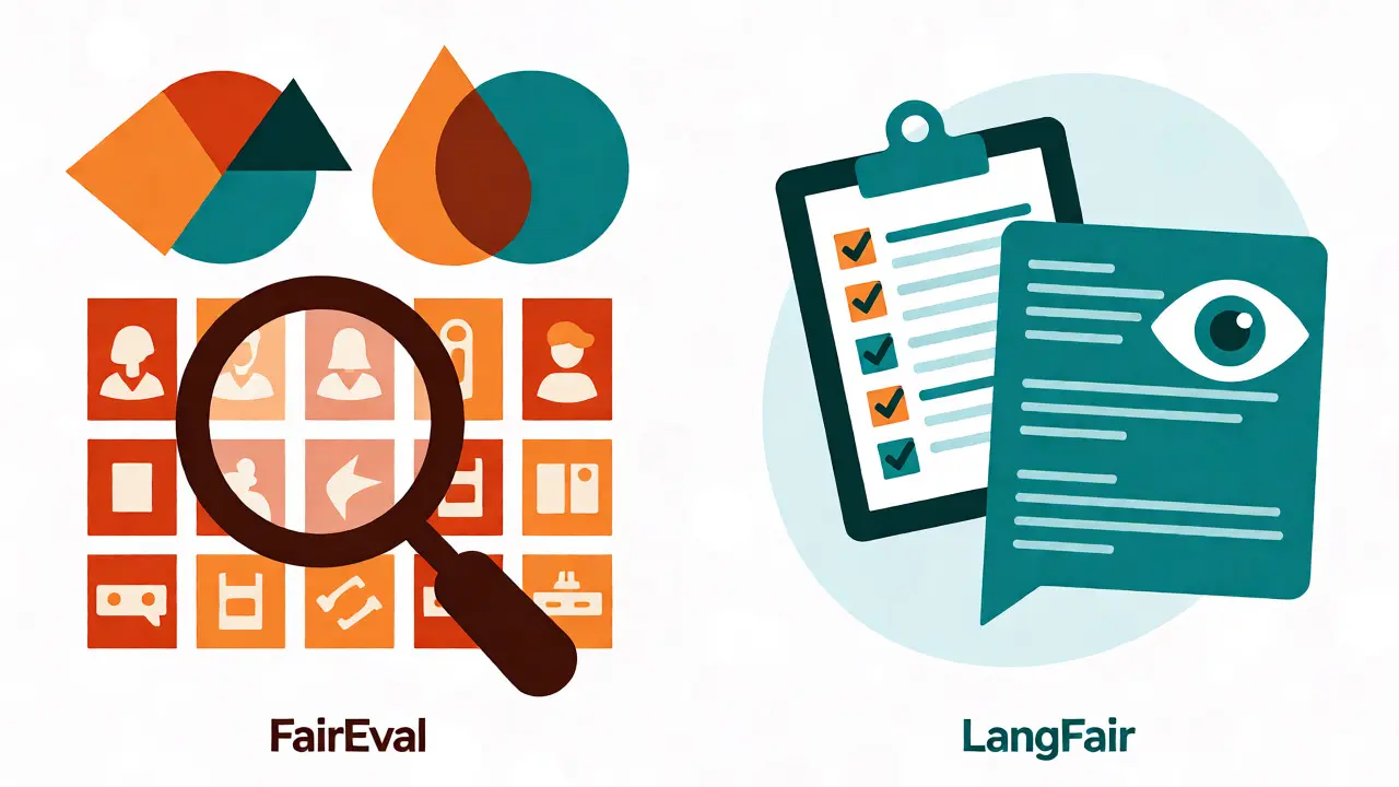 Side-by-side comparison of FairEval and LangFair tools in flat illustration