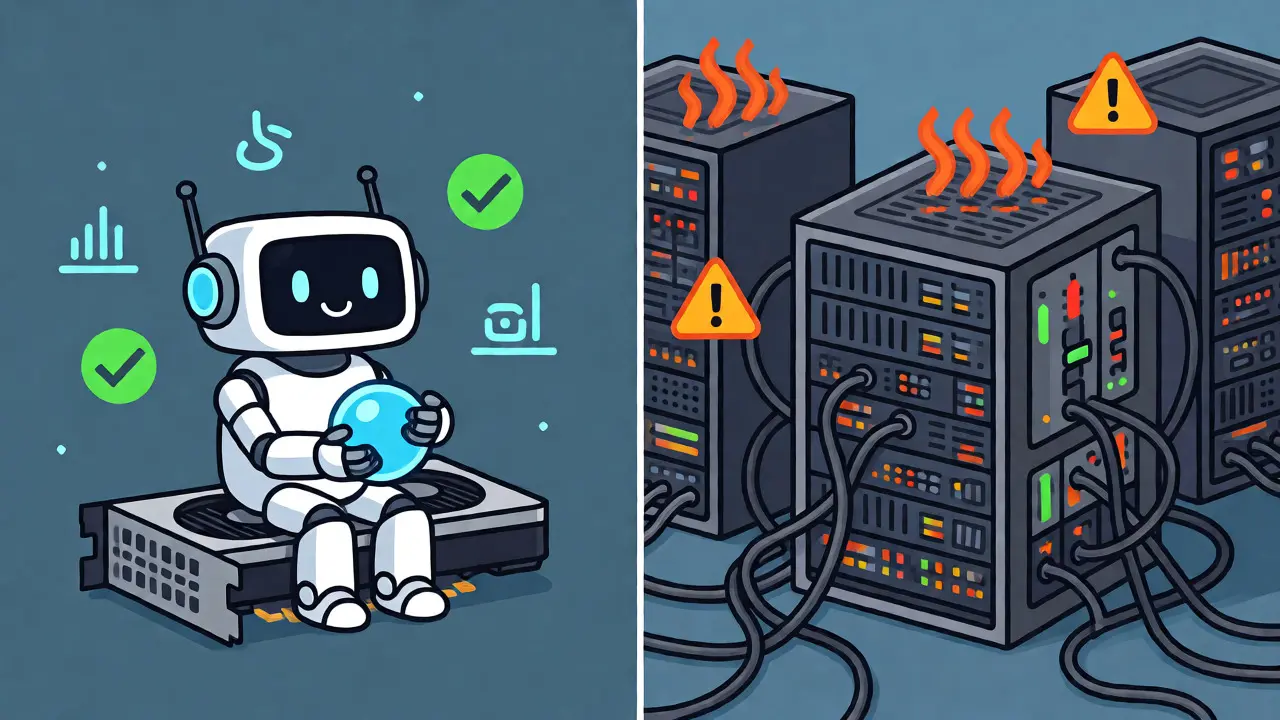 Split view comparing a small efficient robot on one GPU versus a large model on many servers.
