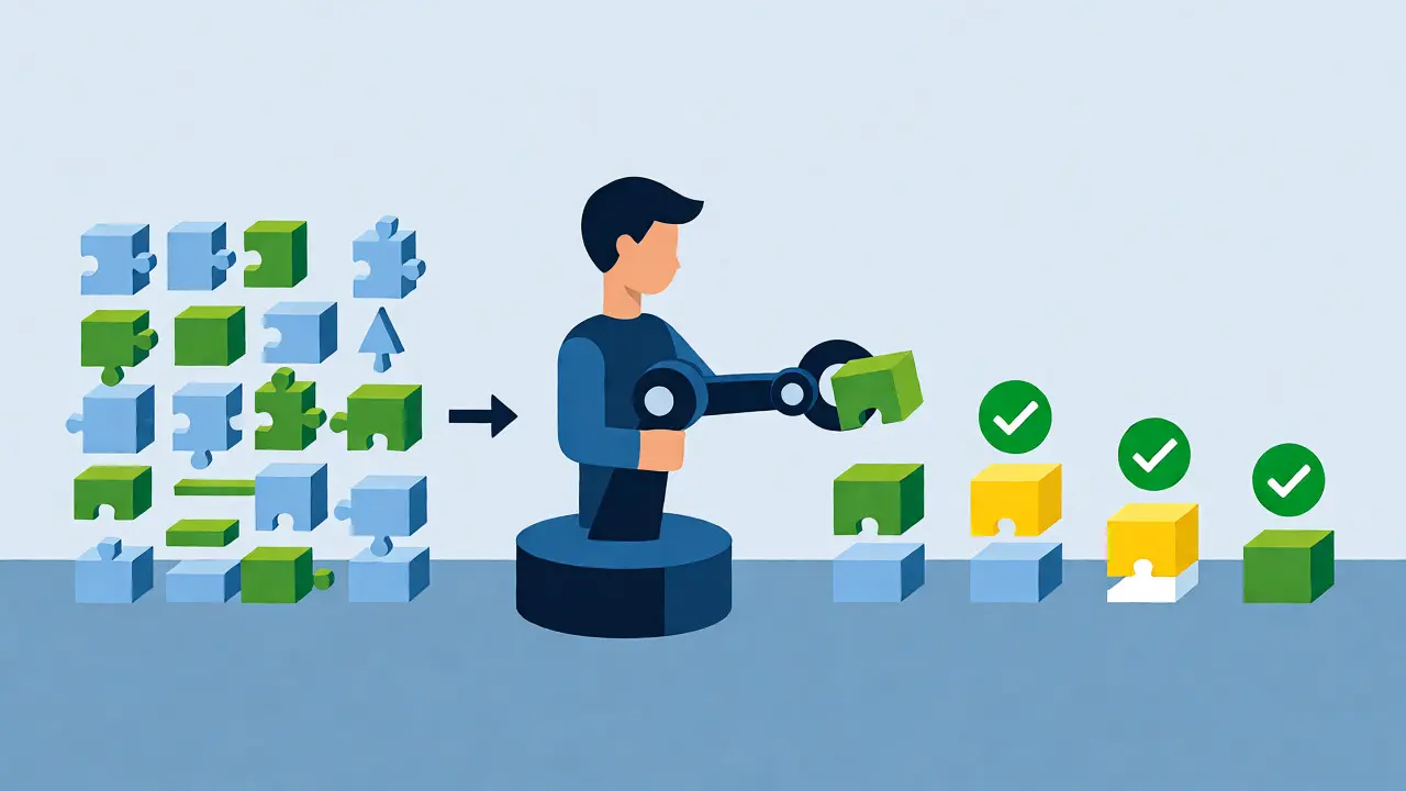 Structured assembly line showing stepwise AI coding with validated blocks