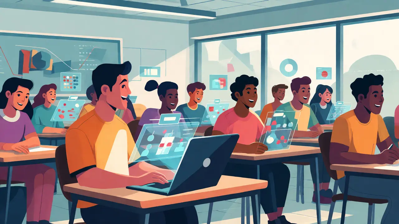 Students in a classroom interacting with personalized holographic learning content projected by AI.