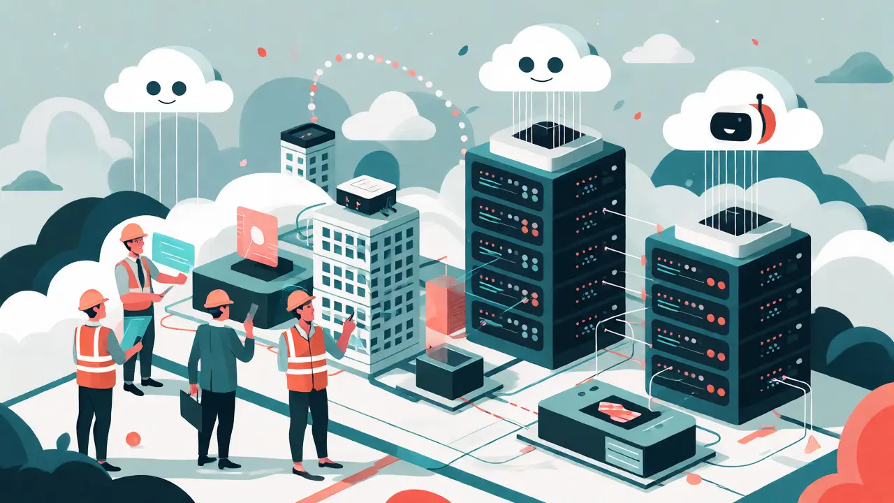 Stylized scene showing AI infrastructure supporting architectural design and cloud services.