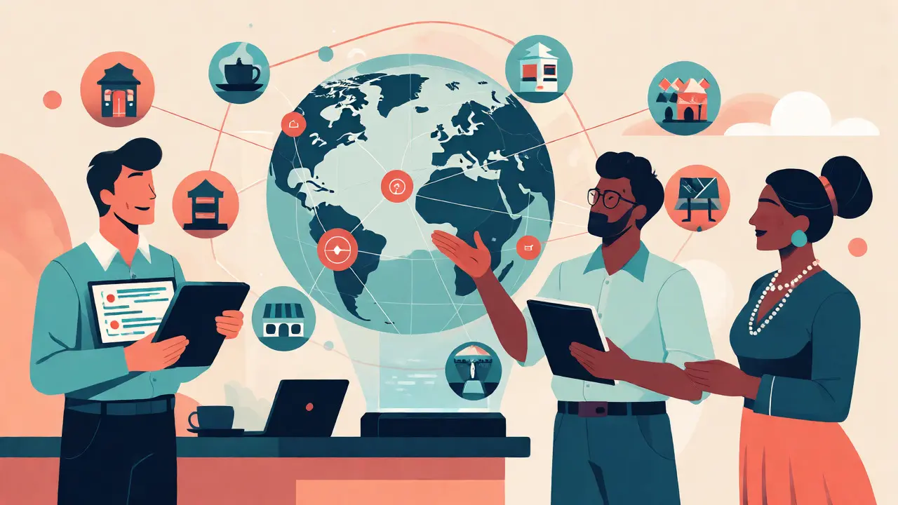 Team collaborating on culturally aware AI development around a globe