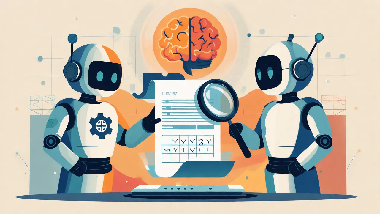 Two abstract AI figures reviewing a worksheet, symbolizing generation and critique processes.