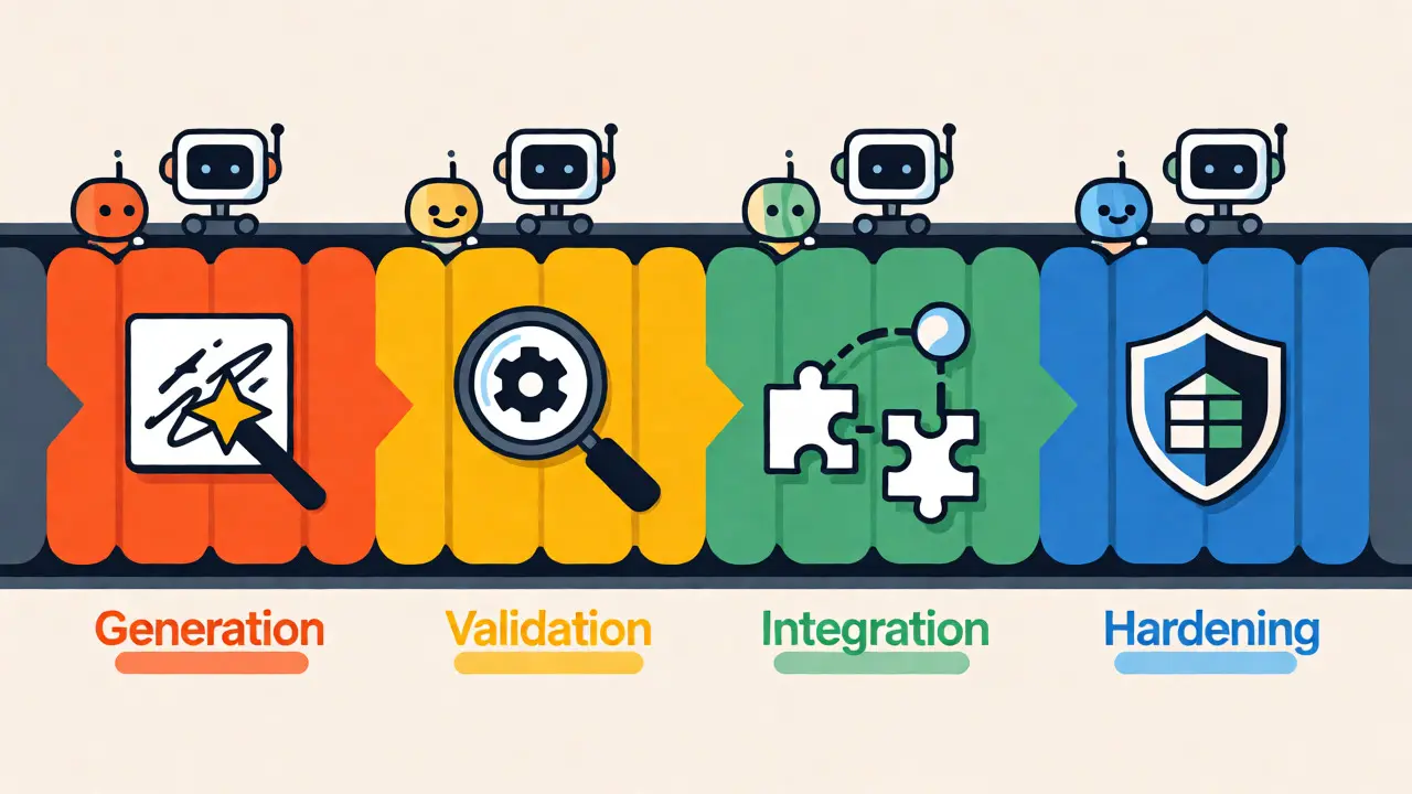Visual workflow of migrating AI code through validation and hardening phases.